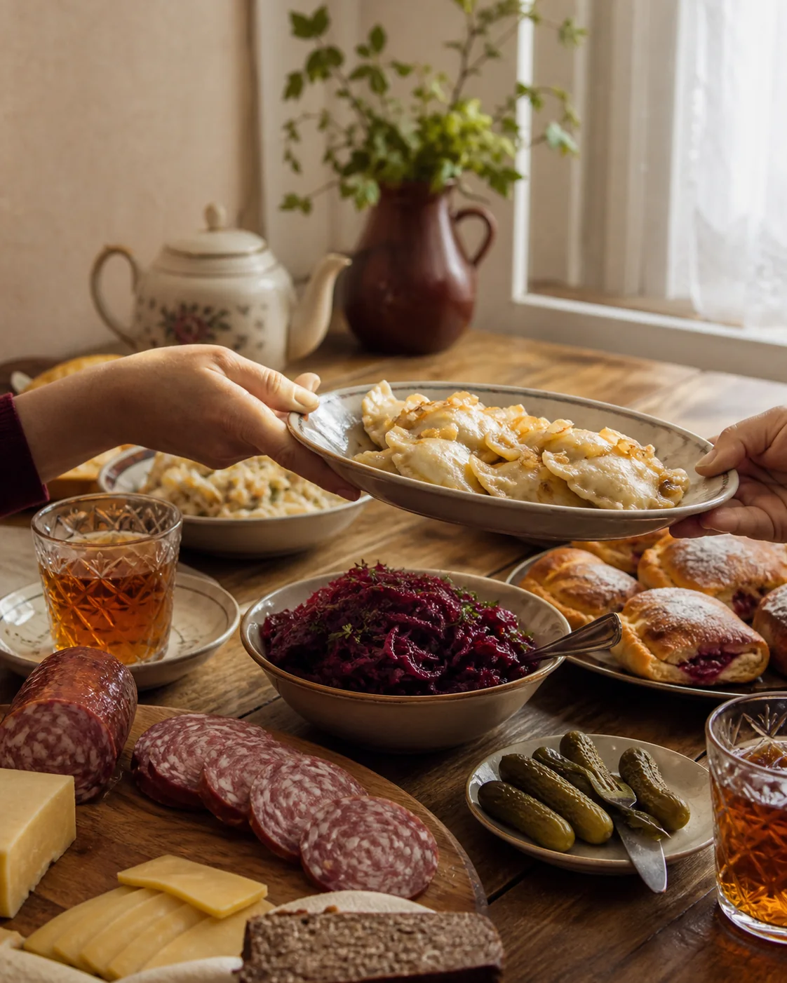 A welcoming table set with pierogi, salads, bread, pickles, cheese, and sliced salami